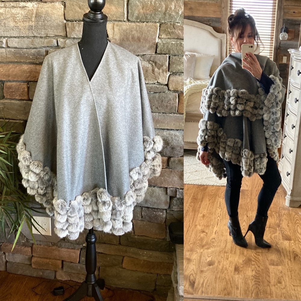 SAM FSHION Wool Cape Rabbit Fringe Accents